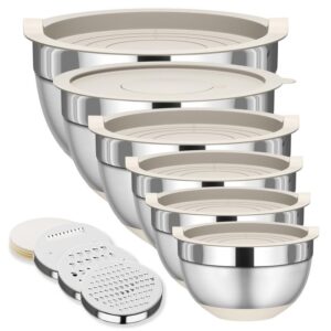 6 Piece Mixing Bowls with Lids Set, Stainless Steel Nesting Storage Bowls for Kitchen, with 3 Grater Attachments & Non-Slip Bottoms, Size 5.5,3.5,2.5,2.1,1.5,1.1 QT Home Tableware