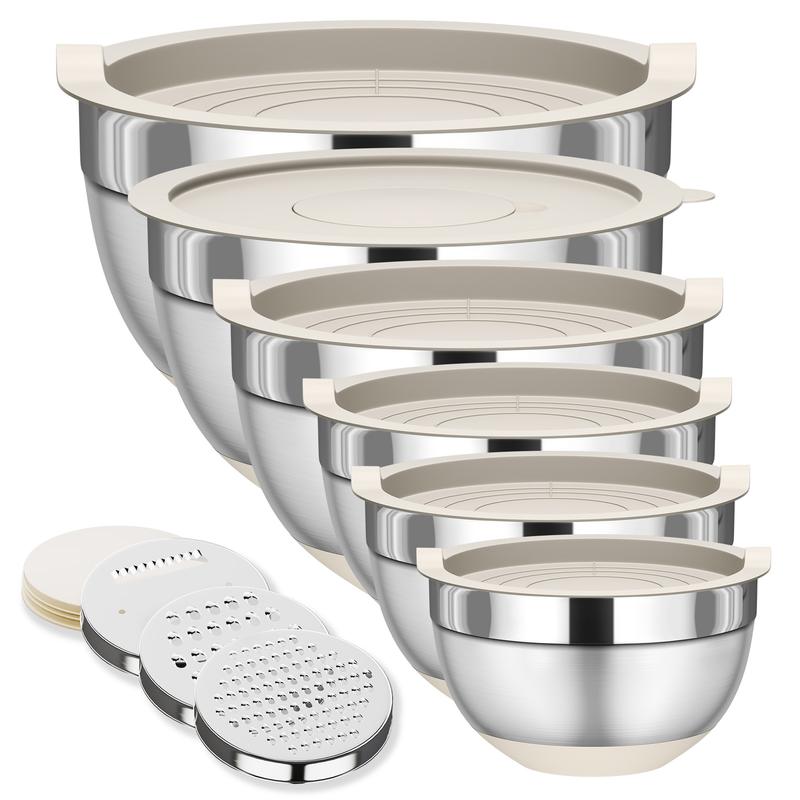 6 Piece Mixing Bowls with Lids Set, Stainless Steel Nesting Storage Bowls for Kitchen, with 3 Grater Attachments & Non-Slip Bottoms, Size 5.5,3.5,2.5,2.1,1.5,1.1 QT Home Tableware