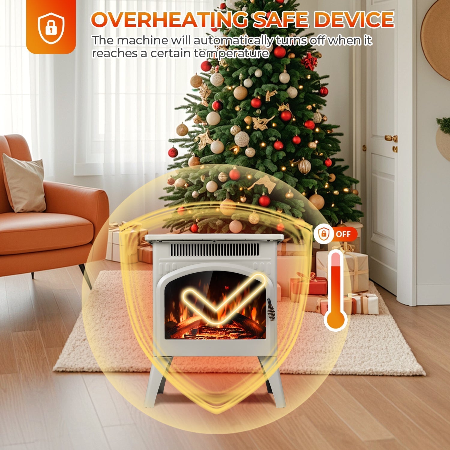 r.w.flame 17 inch freestanding electric fireplace heater with flame effects and log set colors, adjustable brightness and heating mode