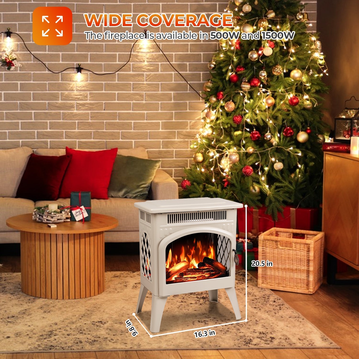 r.w.flame 17 inch freestanding electric fireplace heater with flame effects and log set colors, adjustable brightness and heating mode