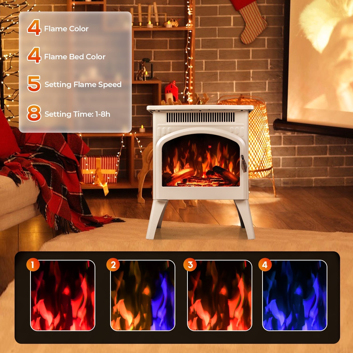 r.w.flame 17 inch freestanding electric fireplace heater with flame effects and log set colors, adjustable brightness and heating mode