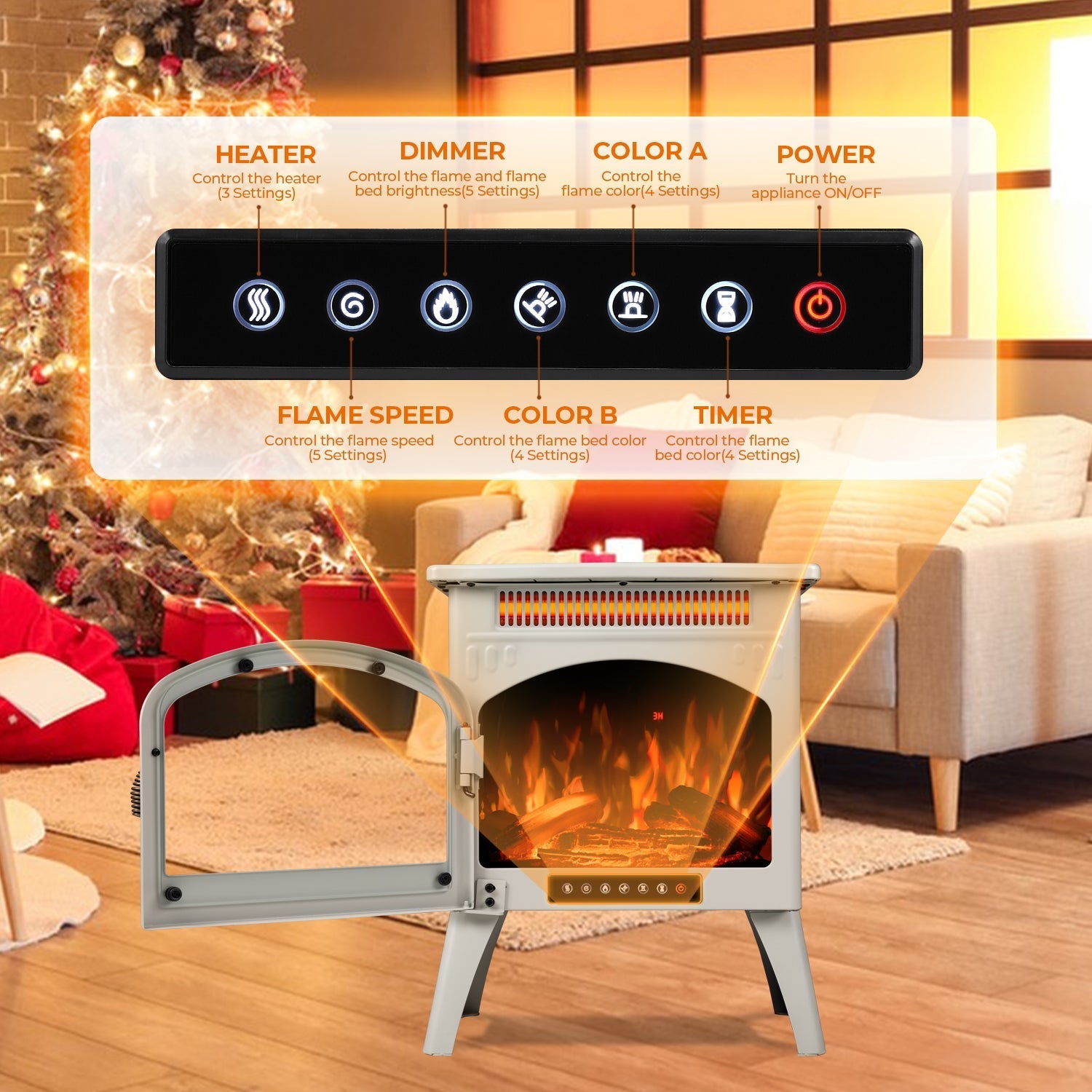 r.w.flame 17 inch freestanding electric fireplace heater with flame effects and log set colors, adjustable brightness and heating mode