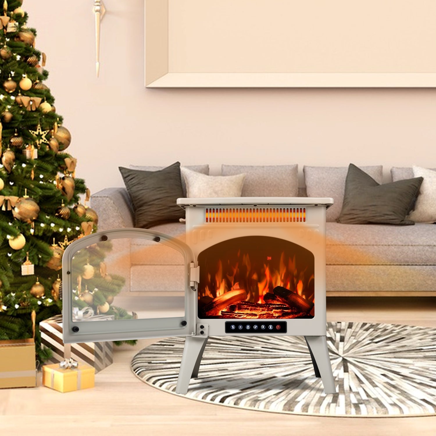 r.w.flame 17 inch freestanding electric fireplace heater with flame effects and log set colors, adjustable brightness and heating mode