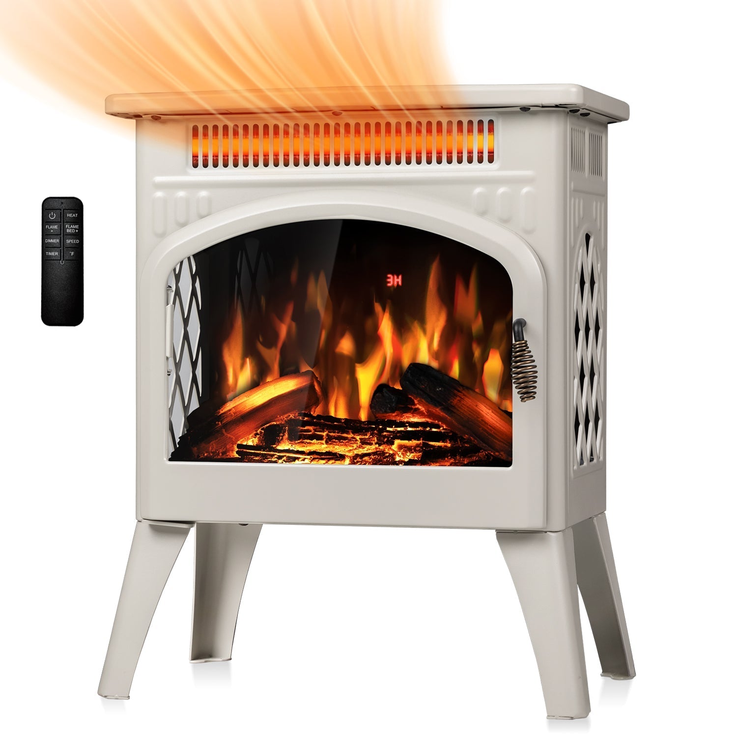 r.w.flame 17 inch freestanding electric fireplace heater with flame effects and log set colors, adjustable brightness and heating mode