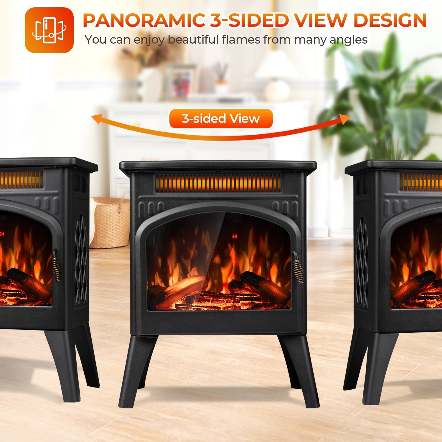 r.w.flame 17 inch freestanding electric fireplace heater with flame effects and log set colors, adjustable brightness and heating mode