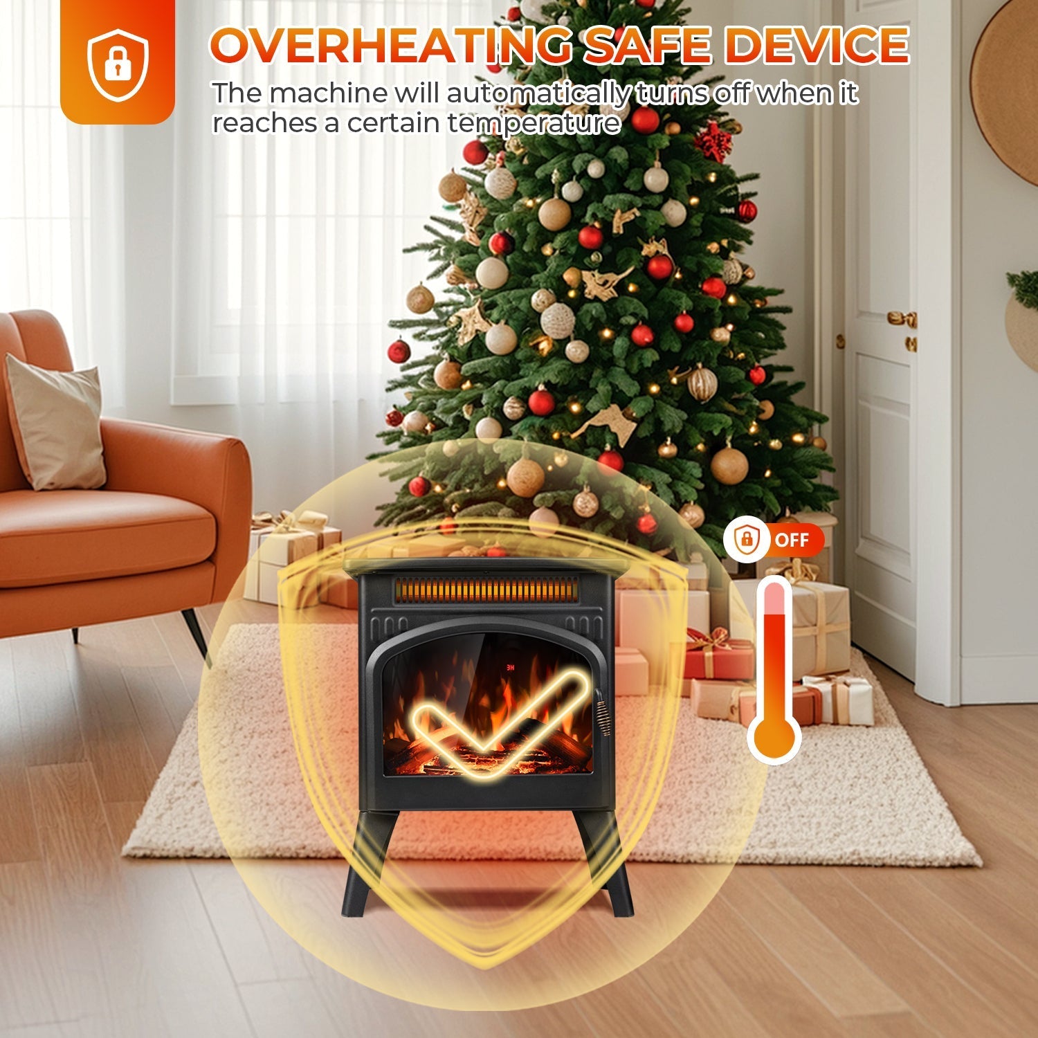 r.w.flame 17 inch freestanding electric fireplace heater with flame effects and log set colors, adjustable brightness and heating mode
