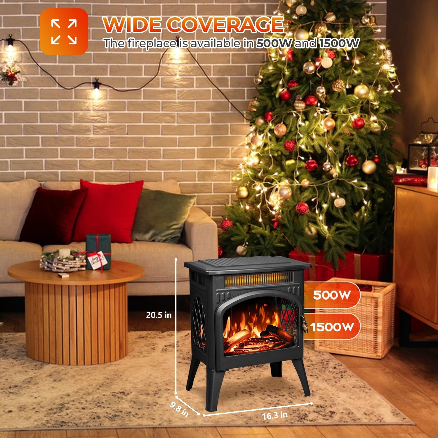 r.w.flame 17 inch freestanding electric fireplace heater with flame effects and log set colors, adjustable brightness and heating mode