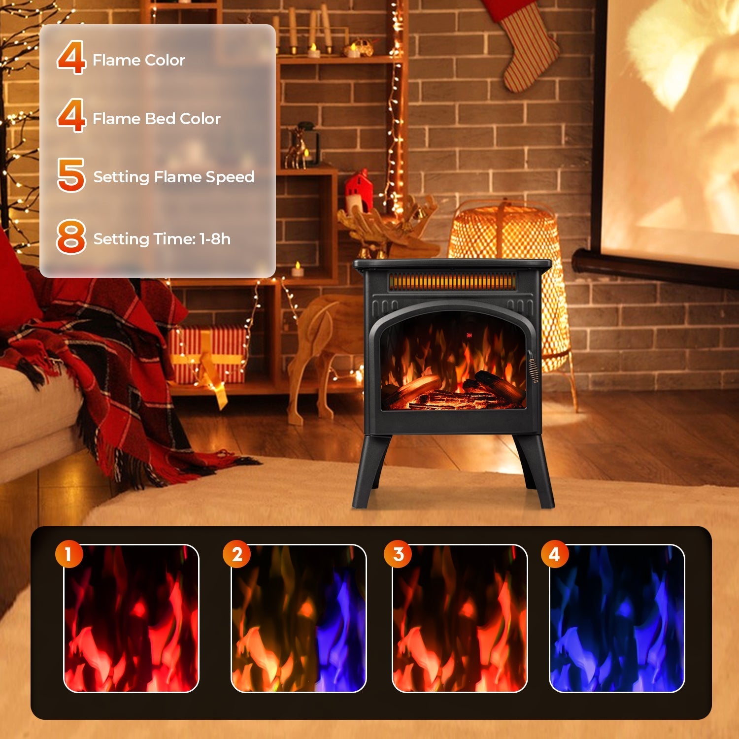 r.w.flame 17 inch freestanding electric fireplace heater with flame effects and log set colors, adjustable brightness and heating mode