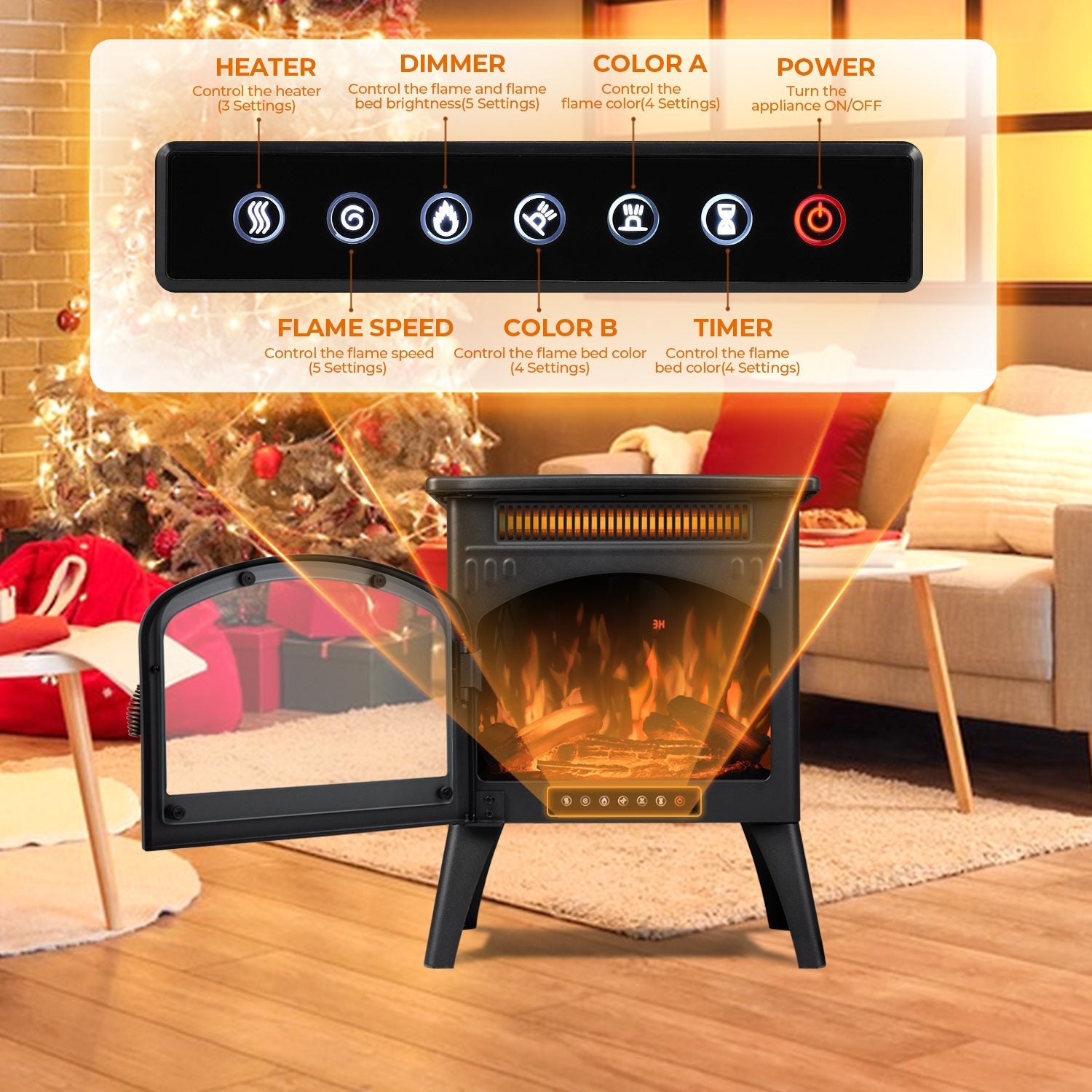 r.w.flame 17 inch freestanding electric fireplace heater with flame effects and log set colors, adjustable brightness and heating mode