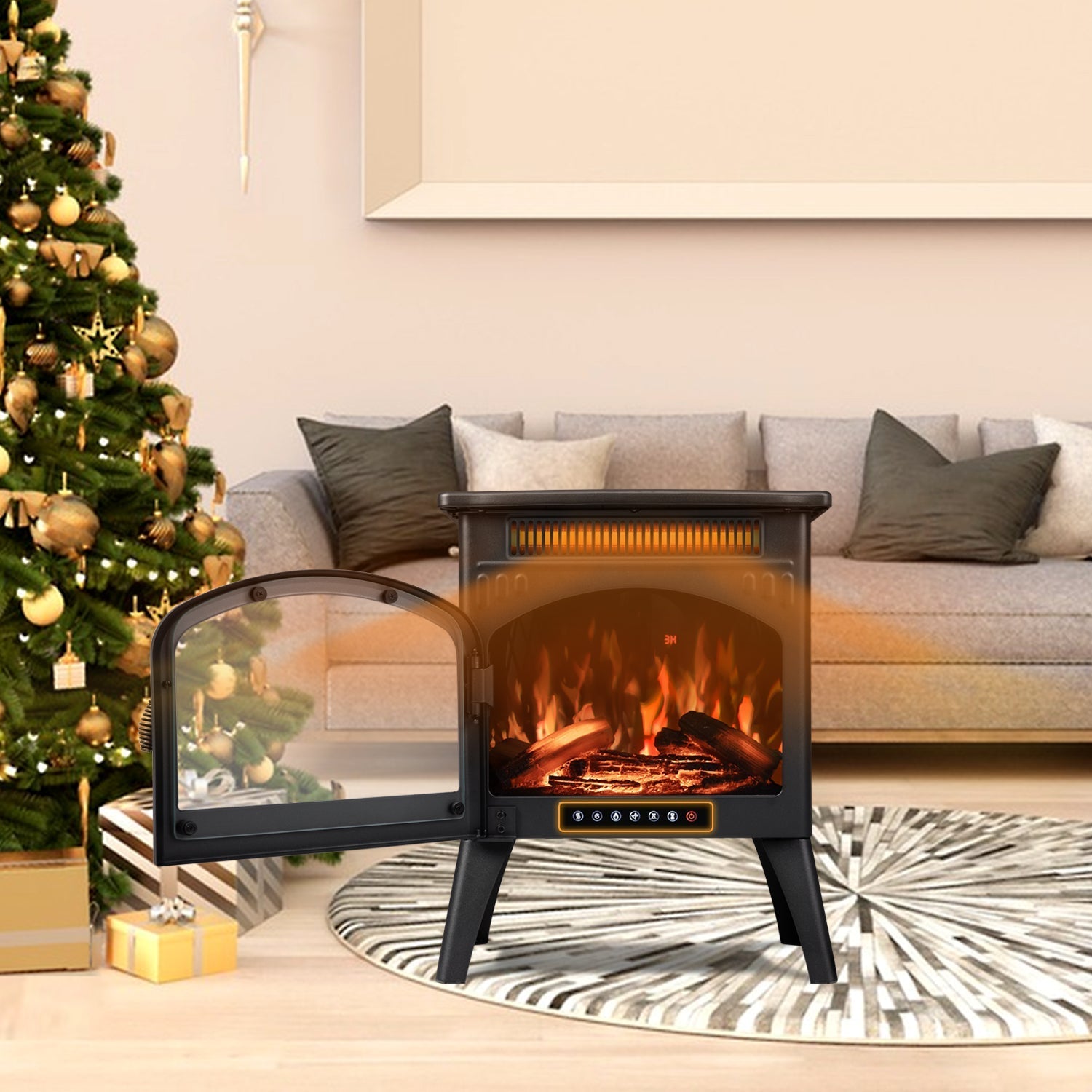 r.w.flame 17 inch freestanding electric fireplace heater with flame effects and log set colors, adjustable brightness and heating mode