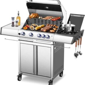 r.w.flame 4 burner 42,000 btu propane gas grill with side burner and stainless steel mesh for camping backyard