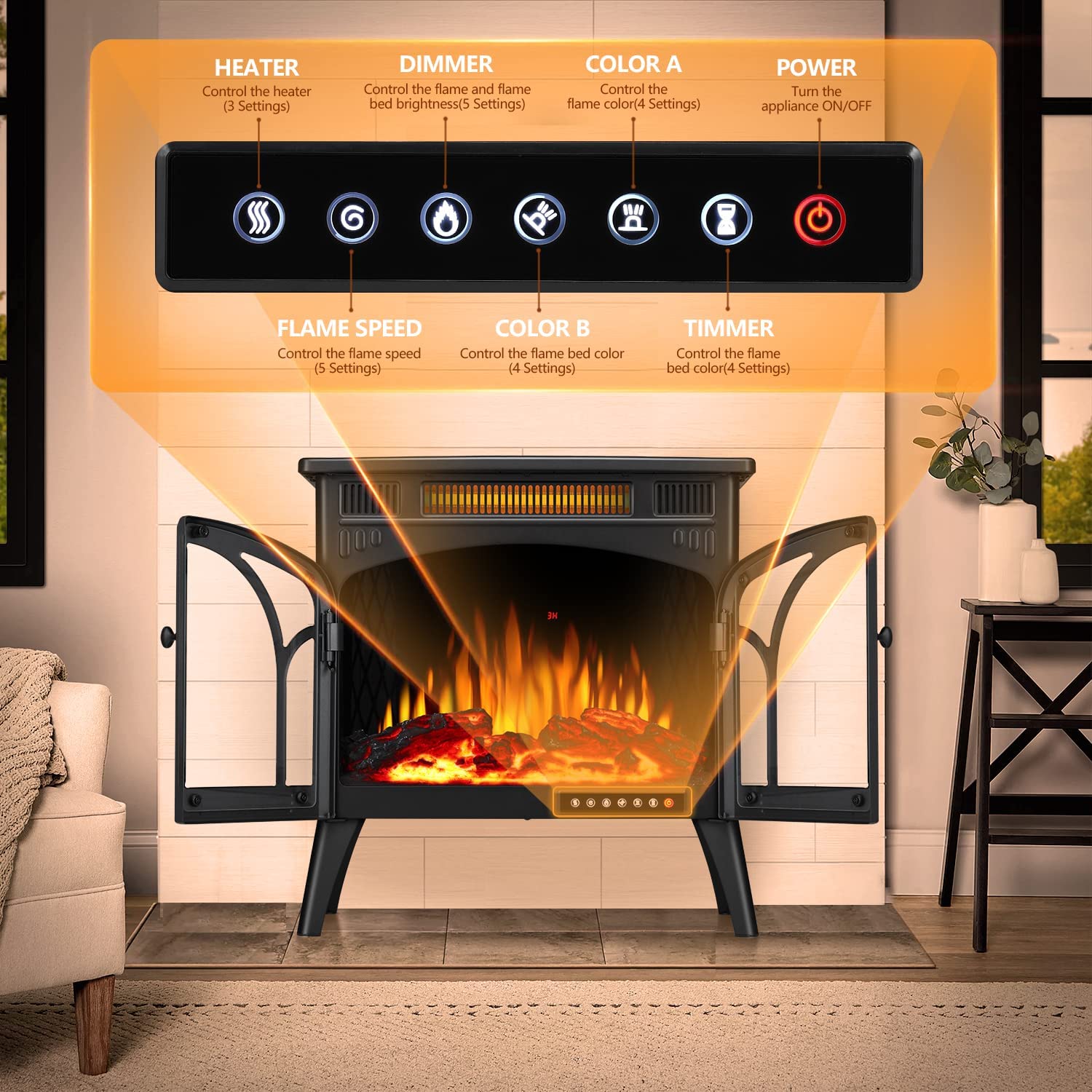 r.w.flame 24 inch electric fireplace heater with 4 flame effects and log set colors, heating mode, remote control