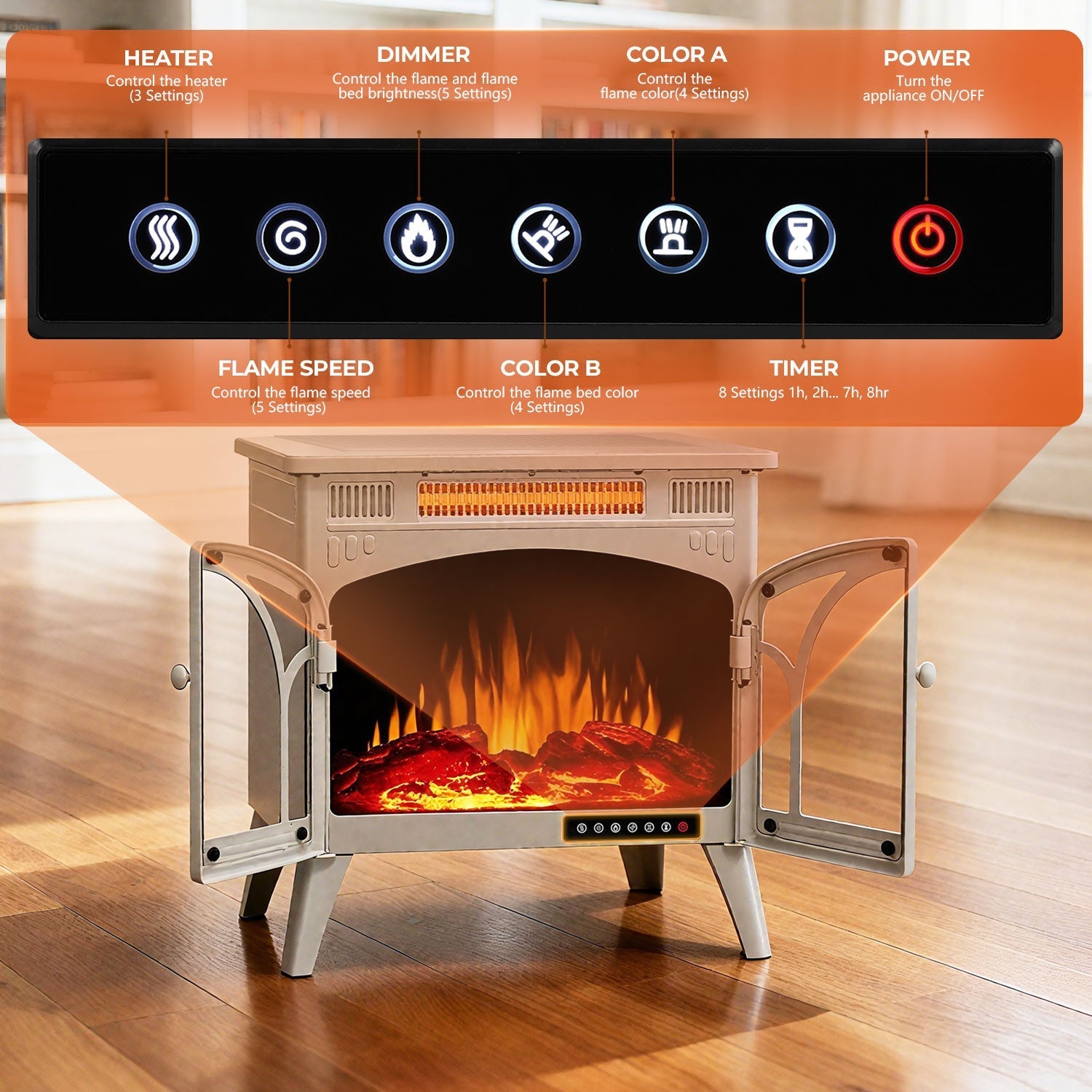 r.w.flame 24 inch electric fireplace heater with 4 flame effects and log set colors, heating mode, remote control