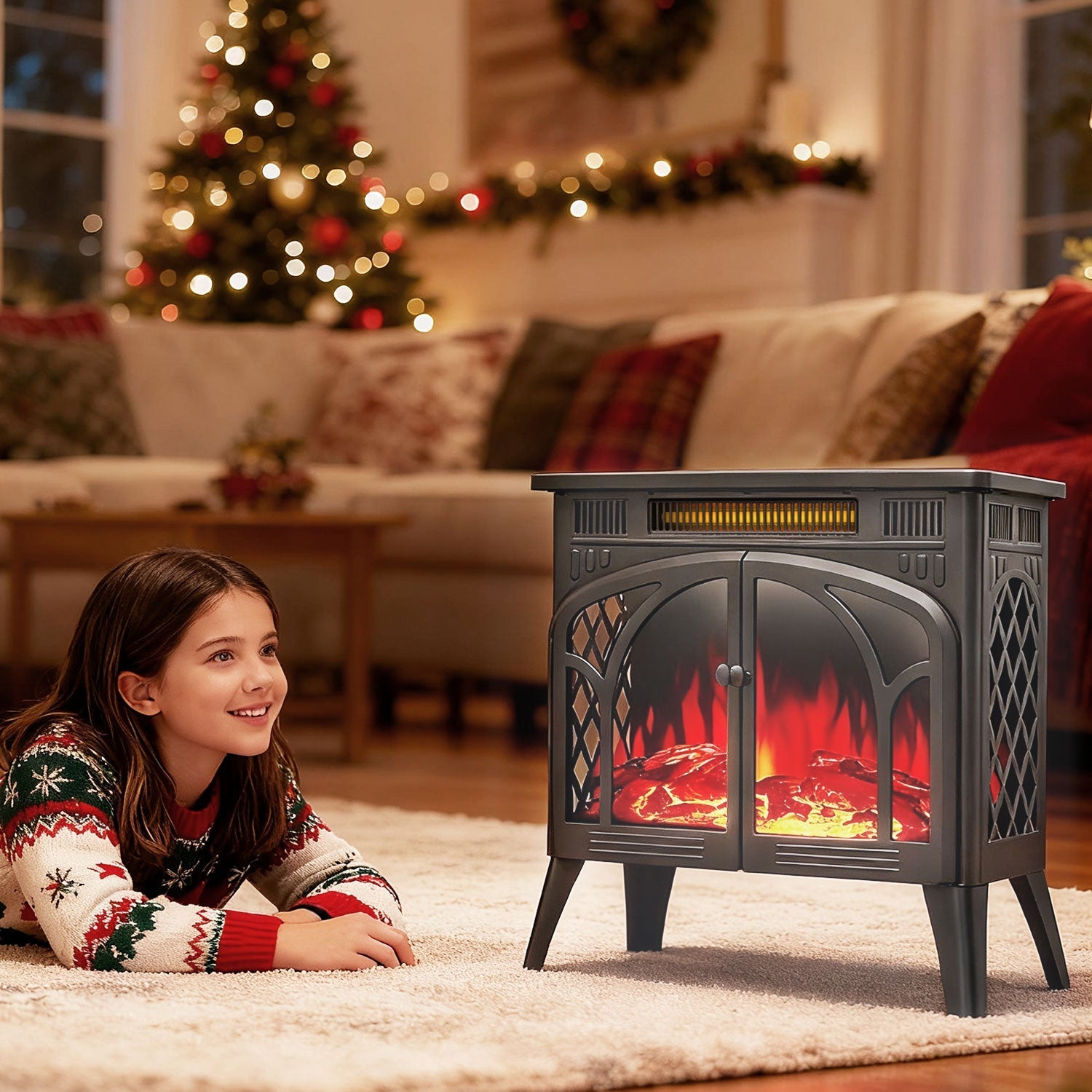 r.w.flame 24 inch electric fireplace heater with 4 flame effects and log set colors, heating mode, remote control