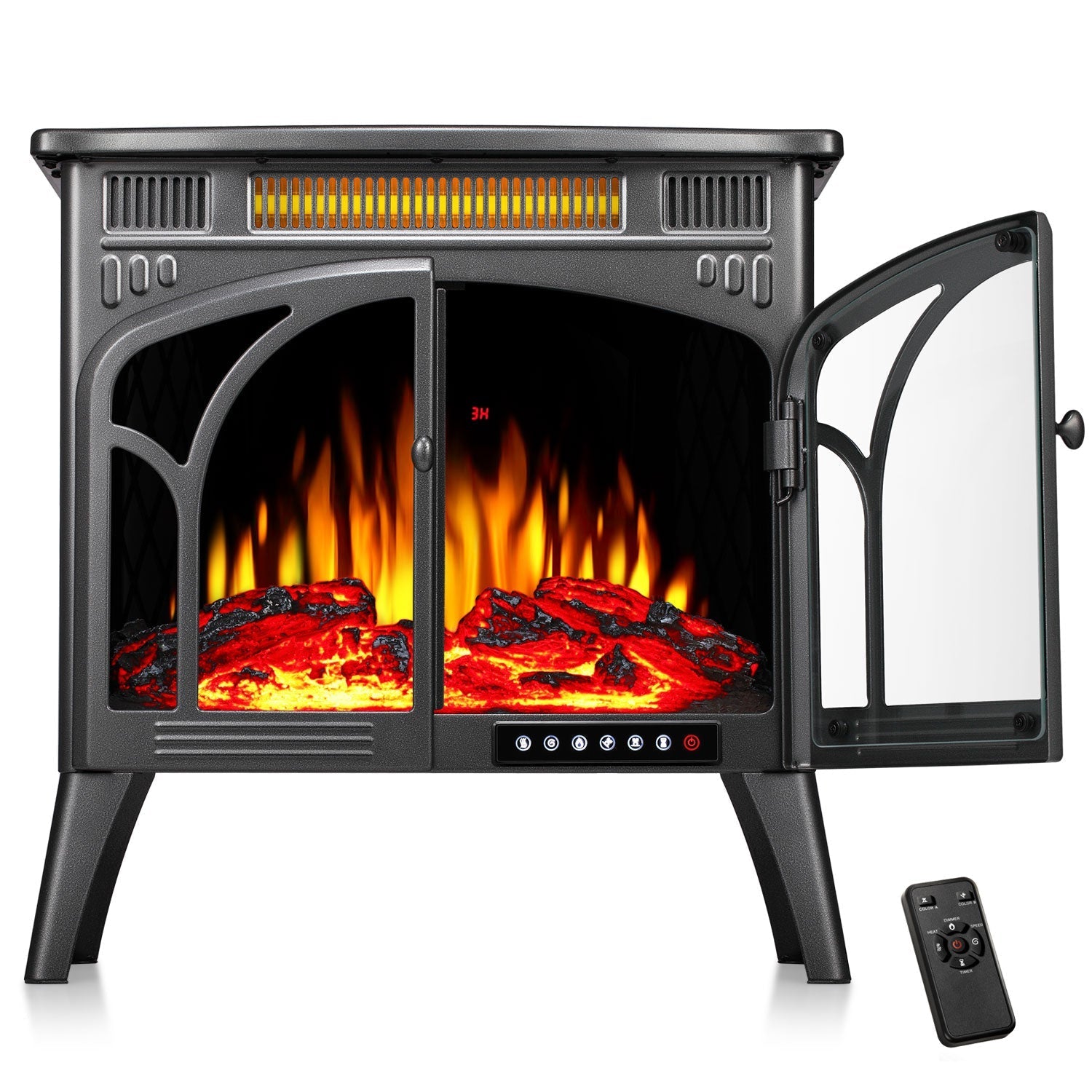 r.w.flame 24 inch electric fireplace heater with 4 flame effects and log set colors, heating mode, remote control