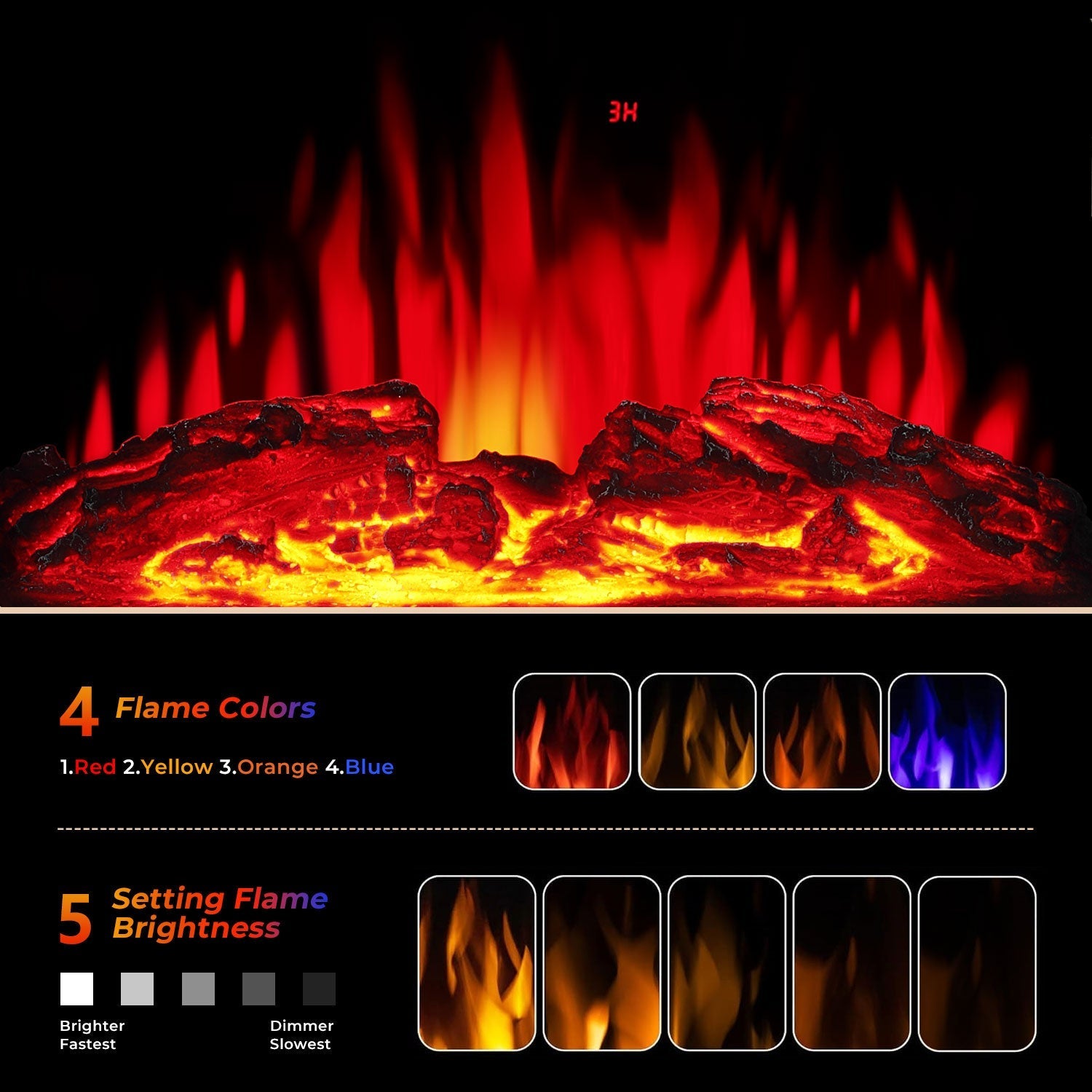 r.w.flame 24 inch electric fireplace heater with 4 flame effects and log set colors, heating mode, remote control