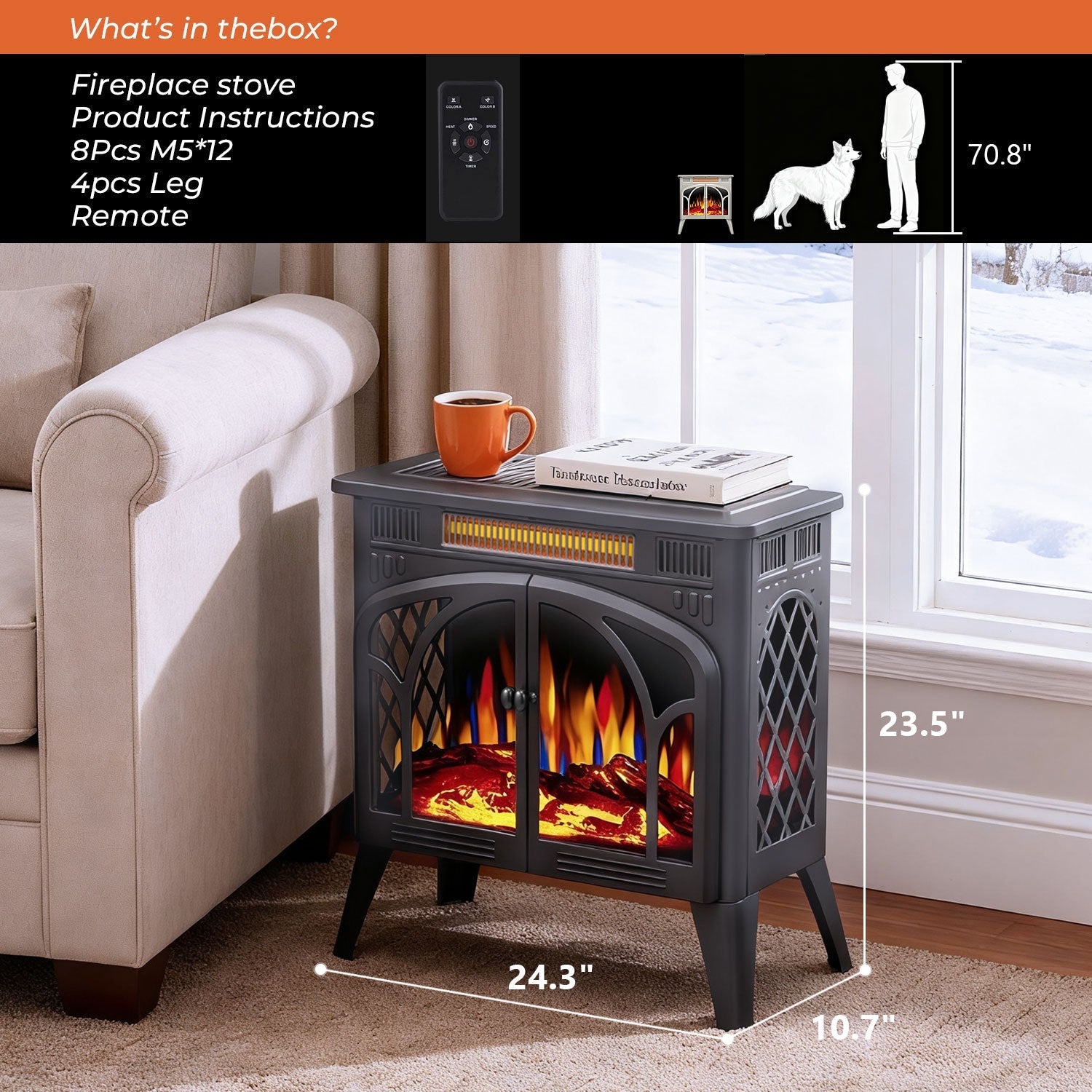 r.w.flame 24 inch electric fireplace heater with 4 flame effects and log set colors, heating mode, remote control