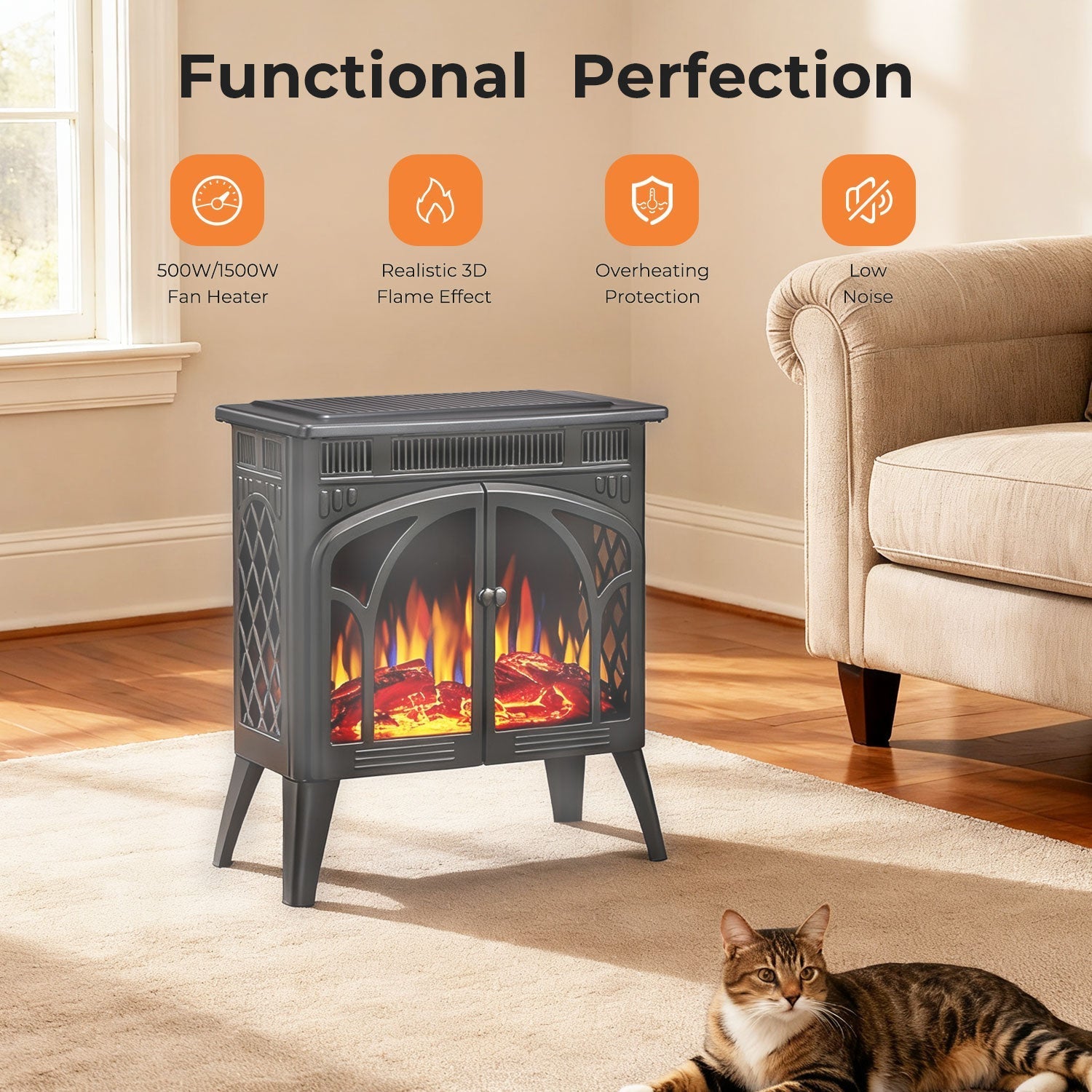 r.w.flame 24 inch electric fireplace heater with 4 flame effects and log set colors, heating mode, remote control