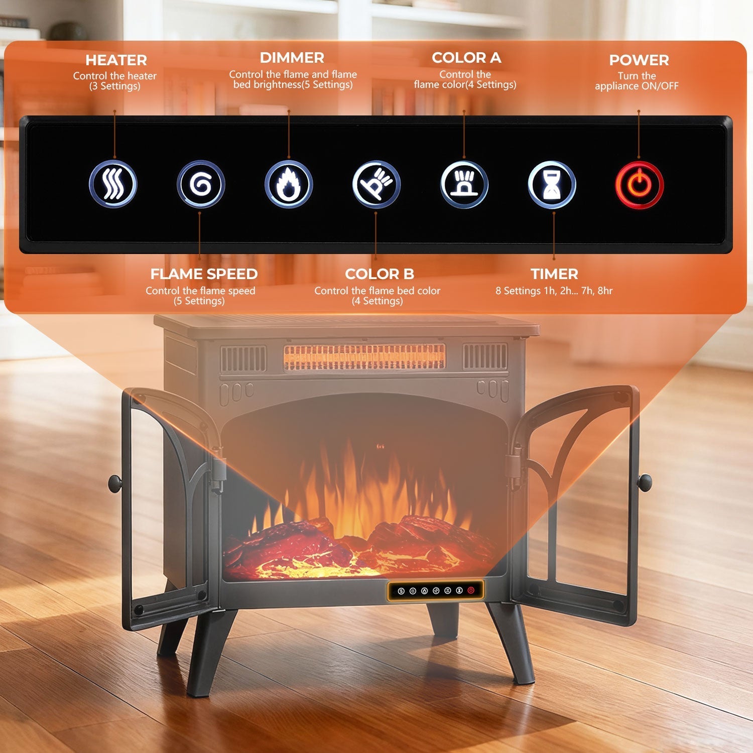 r.w.flame 24 inch electric fireplace heater with 4 flame effects and log set colors, heating mode, remote control