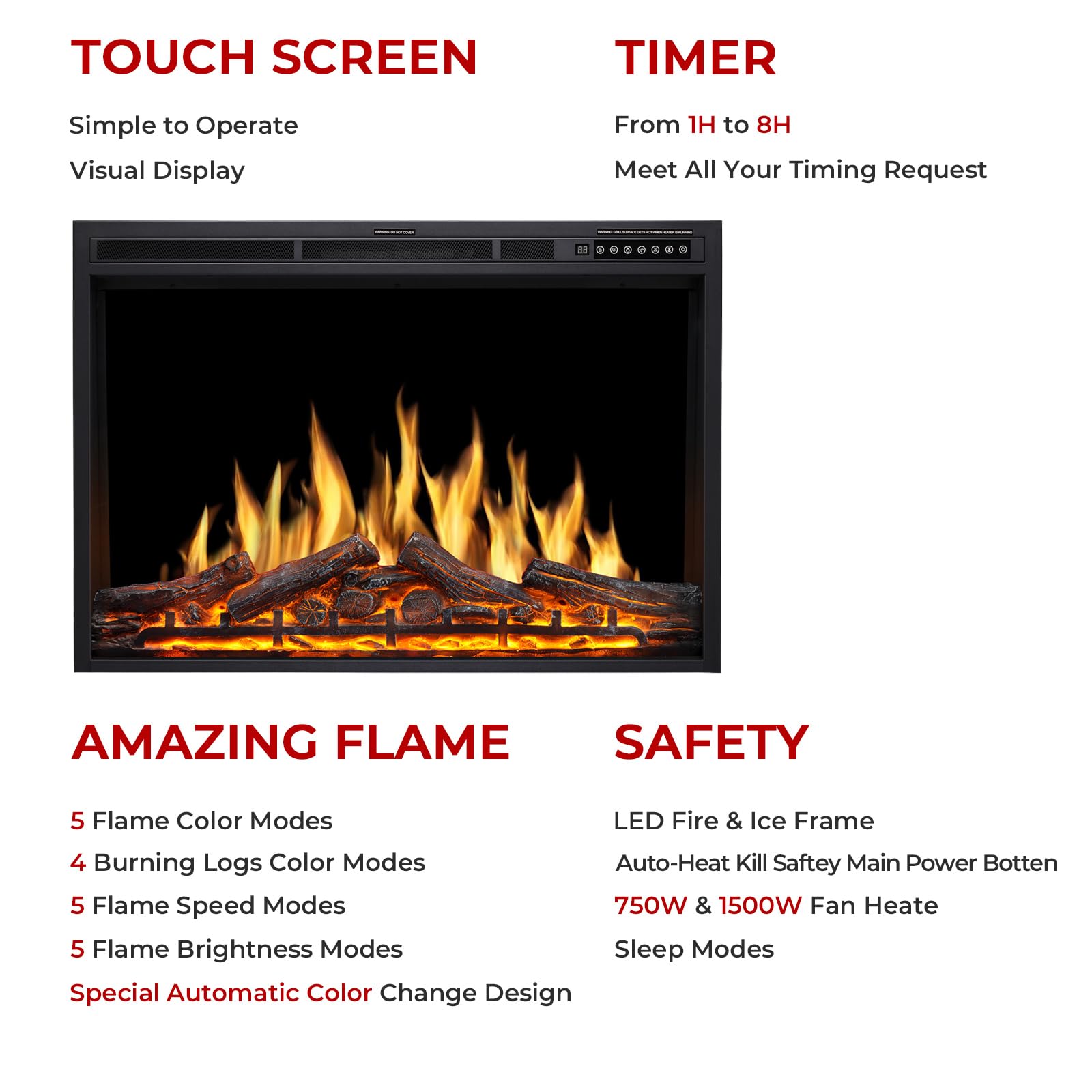 r.w.flame 34''electric fireplace insert, infrared electric fireplace, 750w/1500w