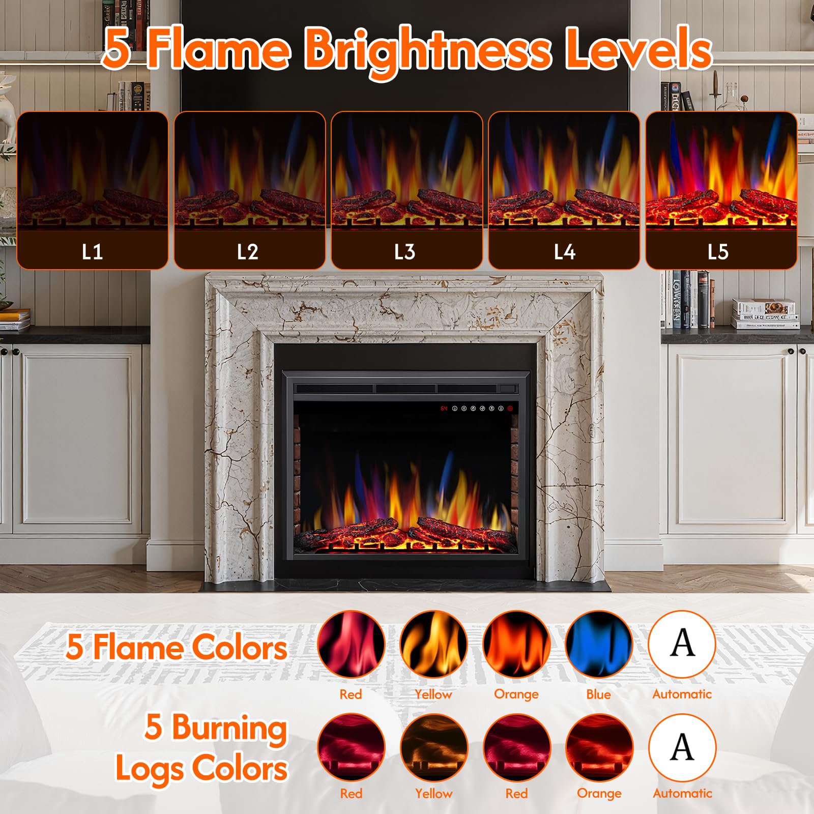 r.w.flame 36/39 inch electric fireplace insert with adjustable flame colors and brightness 8 hour timer, 750w 1500w