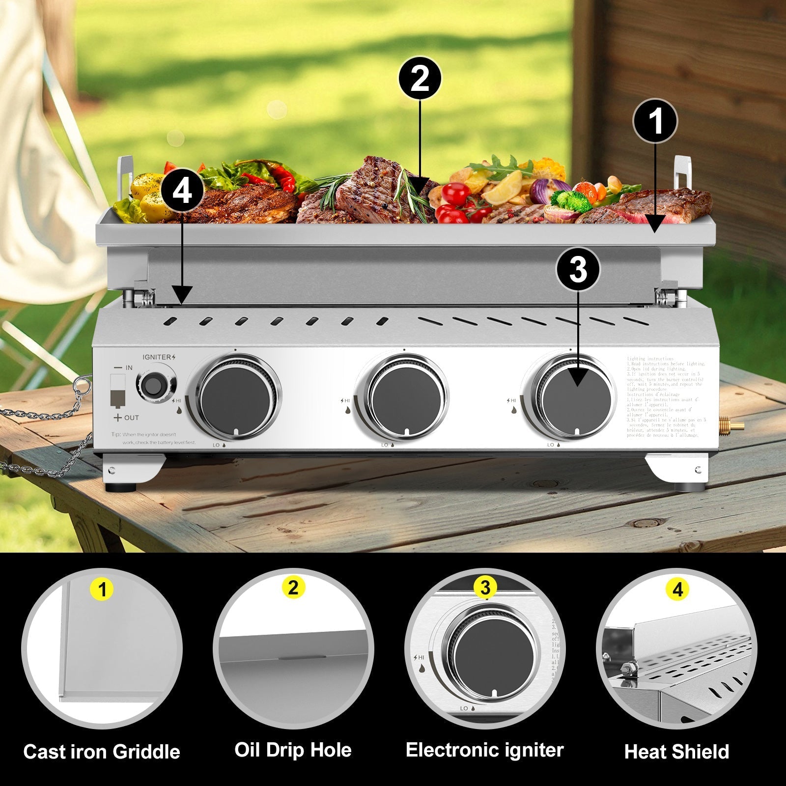 r.w.flame 3 burner 24000 btu stainless steel tabletop gas gril for bbq camping picnic