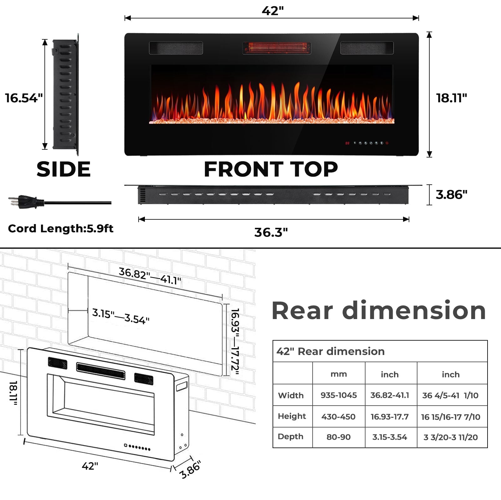 r.w.flame 30/36/42/50/60/68 inch electric fireplace ultra thin recessed wall mounted with adjustable flame