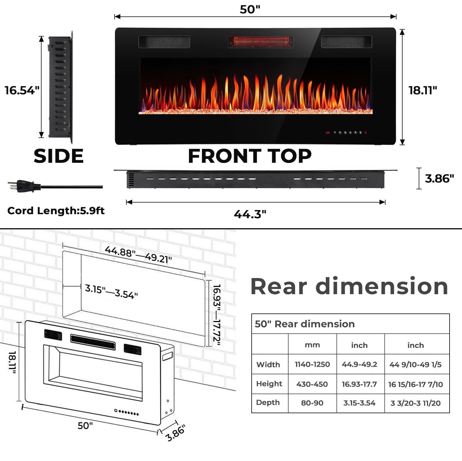 r.w.flame 30/36/42/50/60/68 inch electric fireplace ultra thin recessed wall mounted with adjustable flame