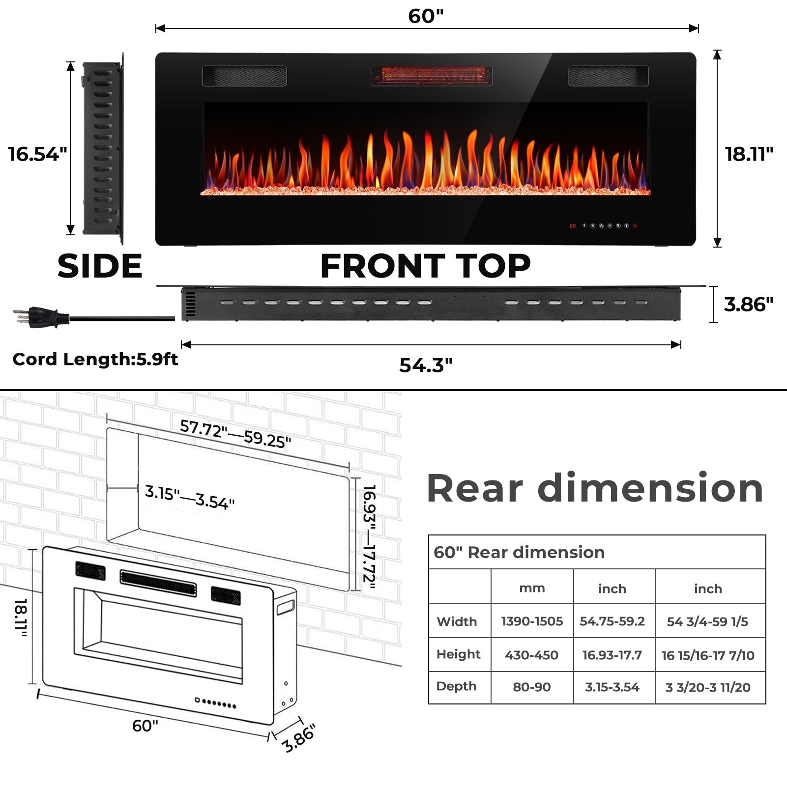 r.w.flame 30/36/42/50/60/68 inch electric fireplace ultra thin recessed wall mounted with adjustable flame