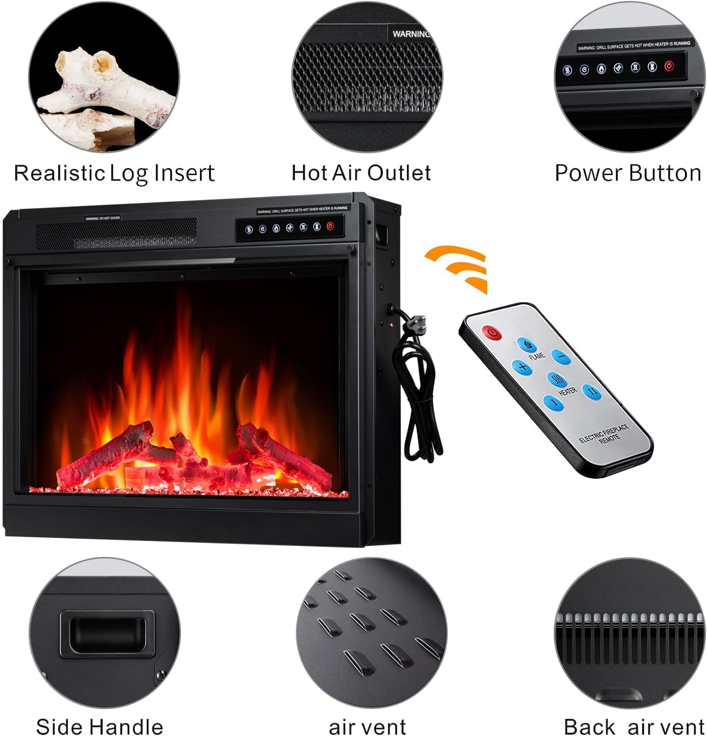 r.w.flame 23" electric fireplace insert, adjustable led flame brightness and 2 power setting, 750w/1500w
