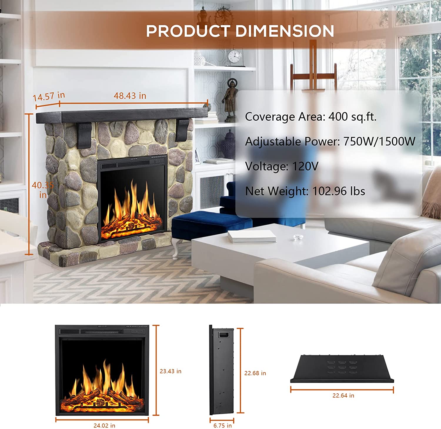 r.w.flame electric fireplace mantel package, 48 inch freestanding stone heater tv stand with remote control, 7 flame brightness settings
