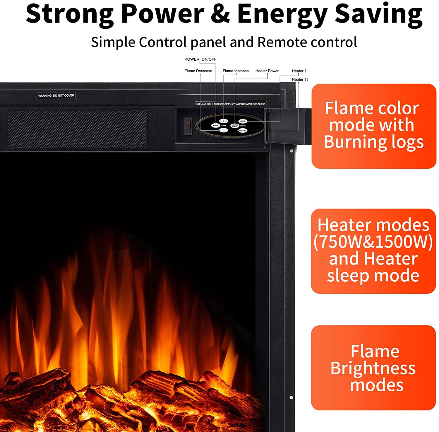 r.w.flame 20" electric fireplace insert, 7 flame brightness settings, 2 power setting 750w/1500w (black)