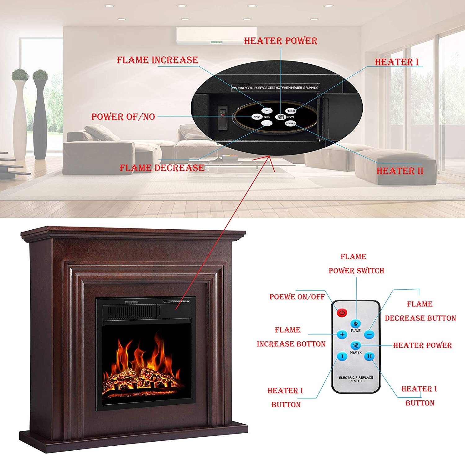 r.w.flame 36'' electric fireplace with mantel package,750 1500w, brown
