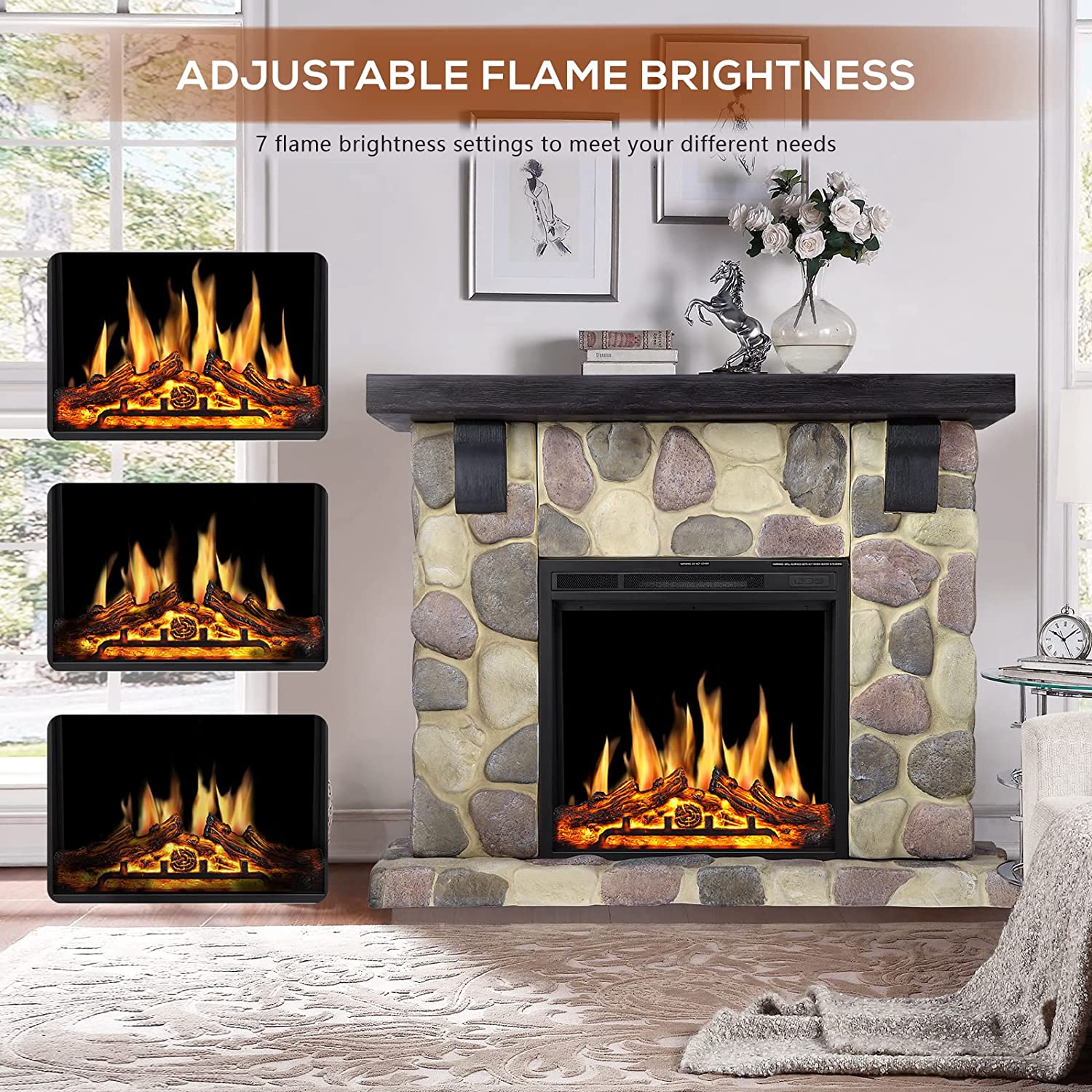 r.w.flame electric fireplace mantel package, 48 inch freestanding stone heater tv stand with remote control, 7 flame brightness settings