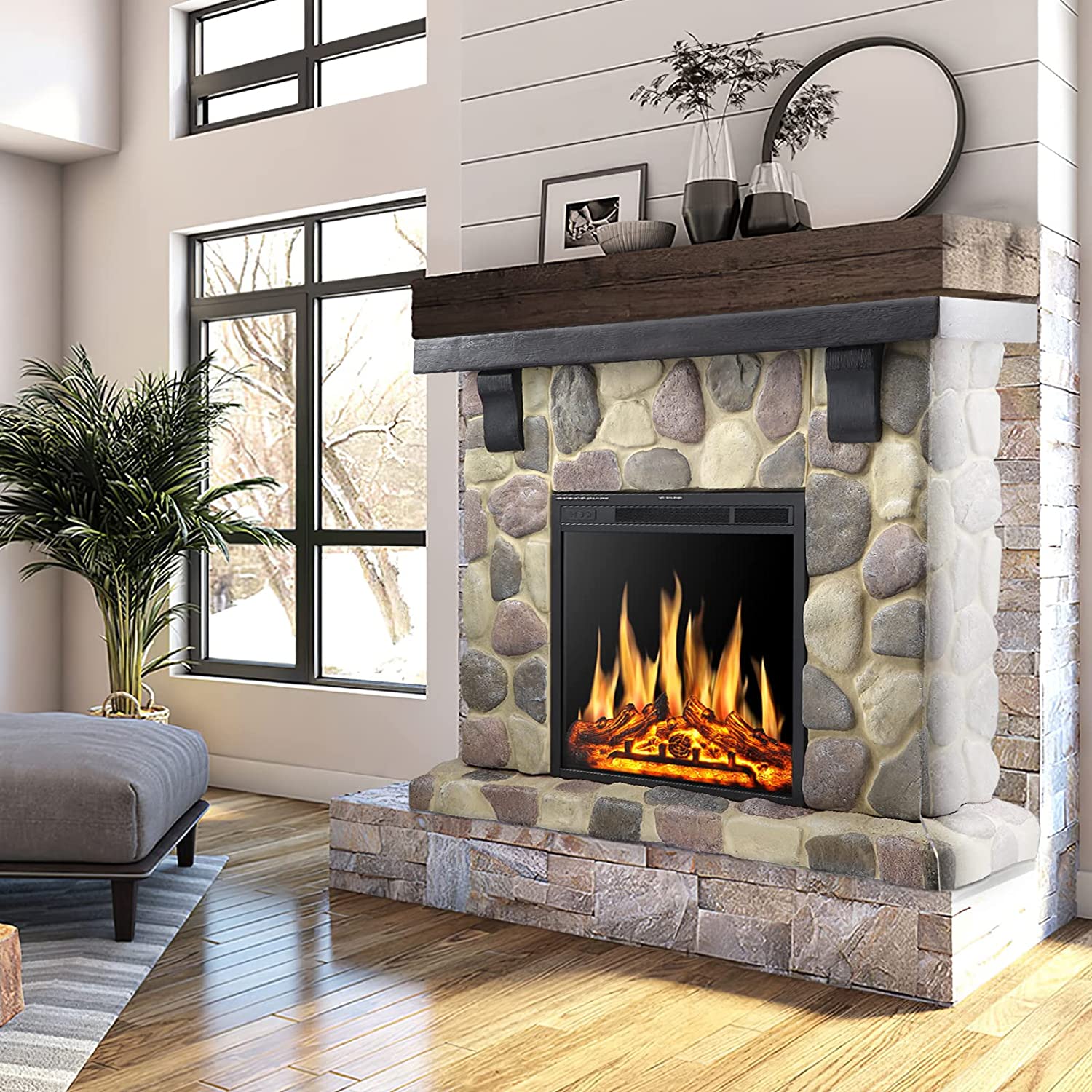 r.w.flame electric fireplace mantel package, 48 inch freestanding stone heater tv stand with remote control, 7 flame brightness settings