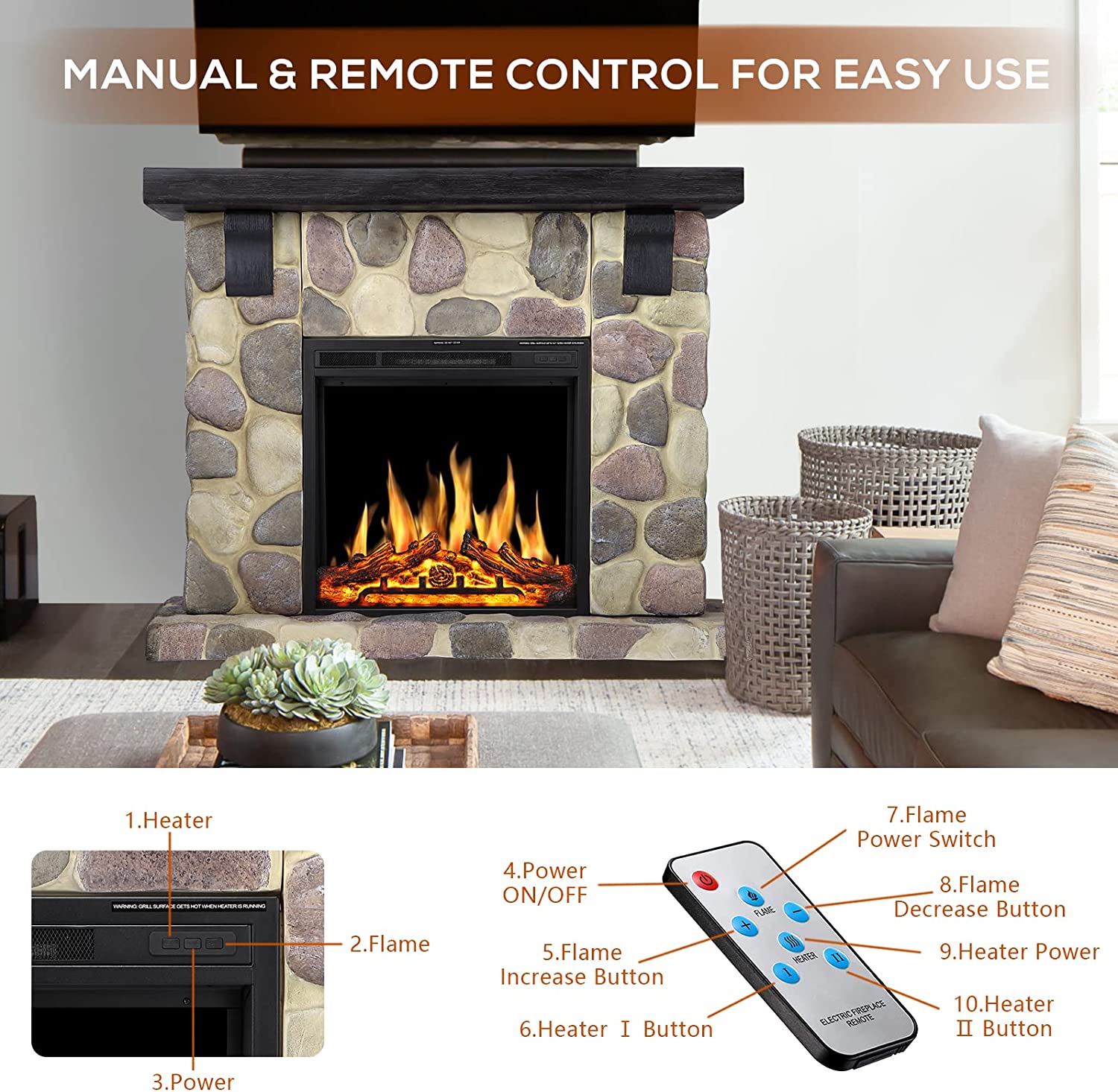r.w.flame electric fireplace mantel package, 48 inch freestanding stone heater tv stand with remote control, 7 flame brightness settings
