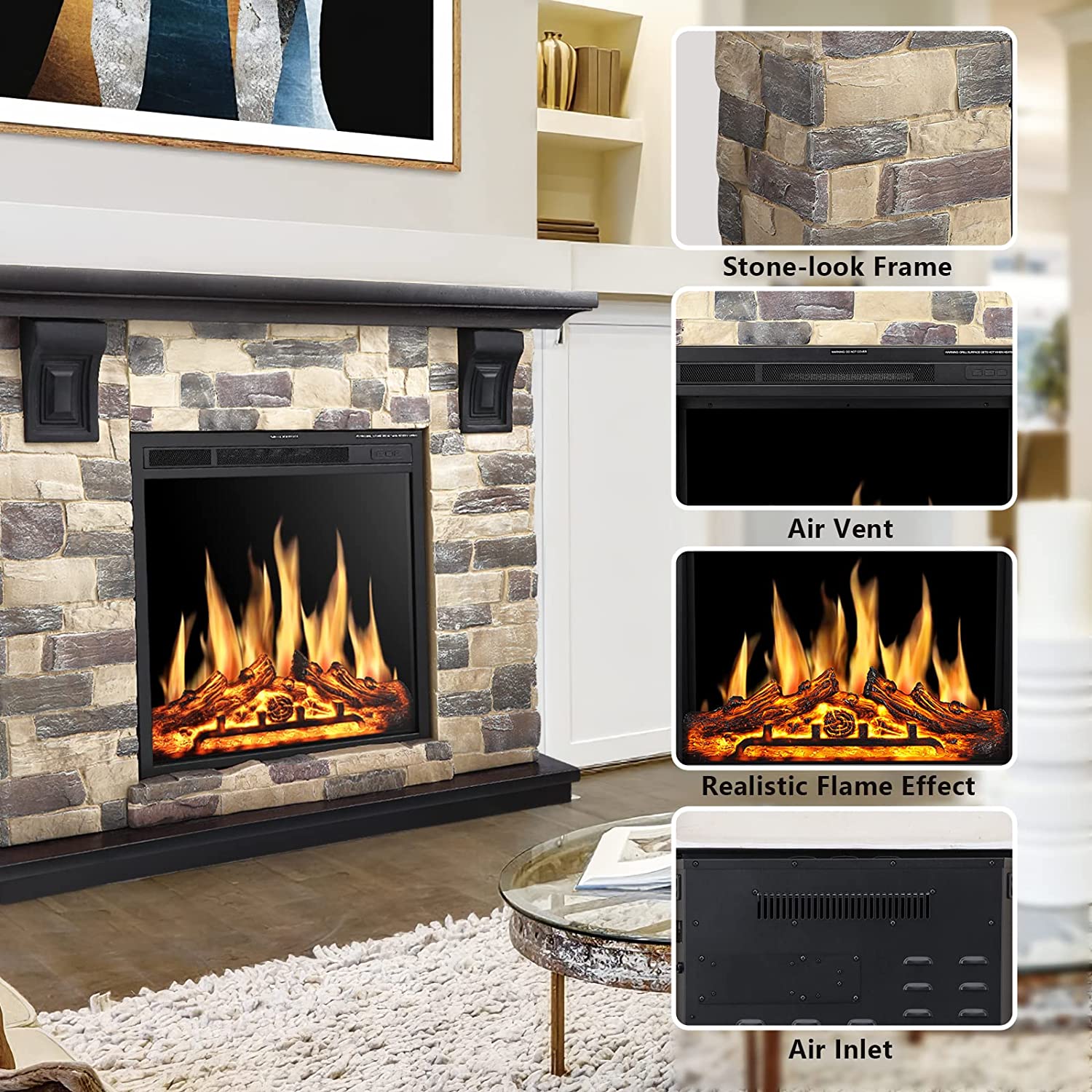 r.w.flame electric fireplace mantel package, 50 inch freestanding stone fireplace heater tv stand with remote control