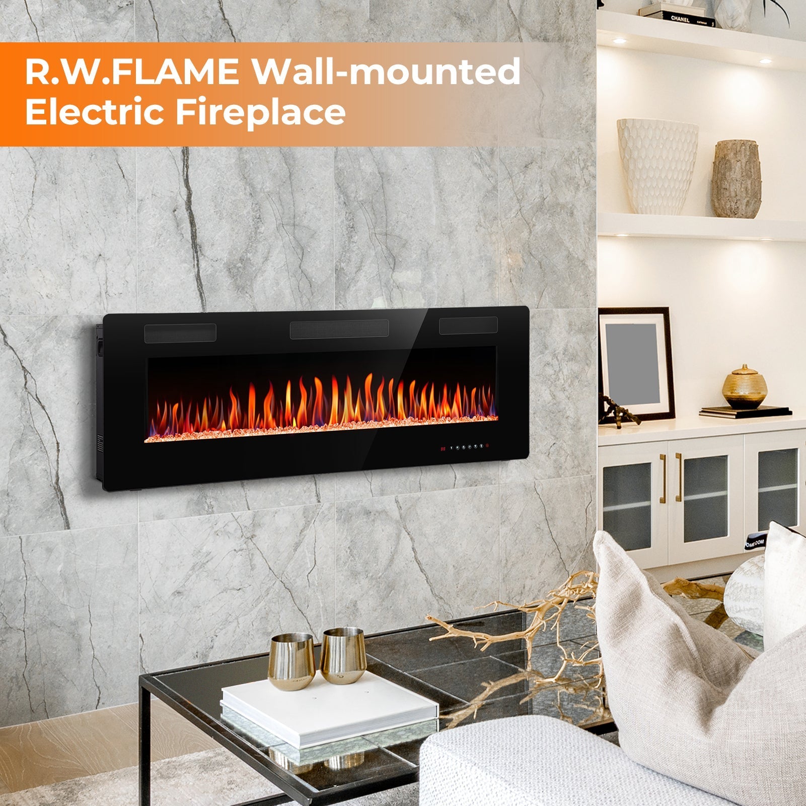 r.w.flame 30/36/42/50/60/68 inch electric fireplace ultra thin recessed wall mounted with adjustable flame
