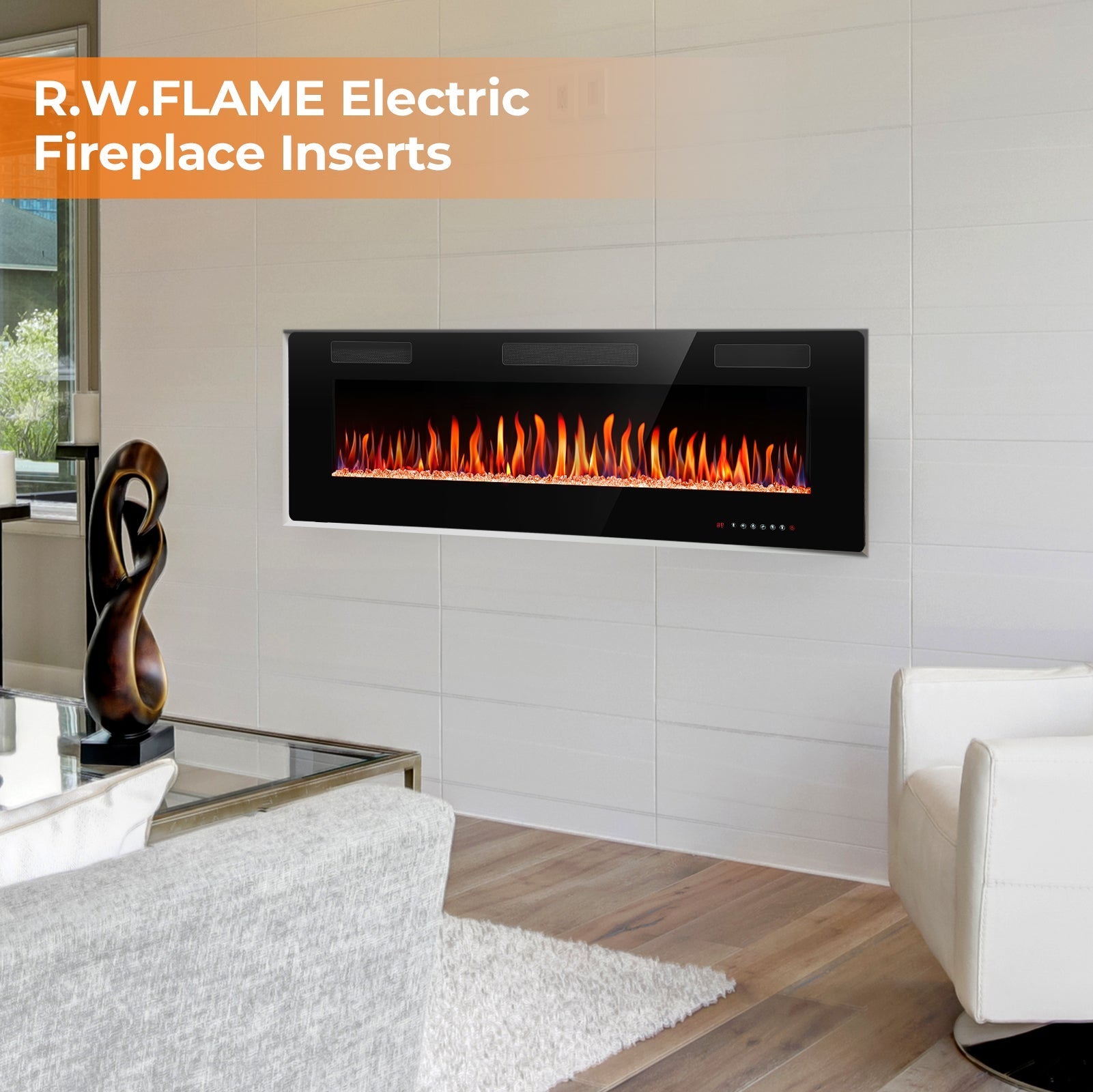 r.w.flame 30/36/42/50/60/68 inch electric fireplace ultra thin recessed wall mounted with adjustable flame